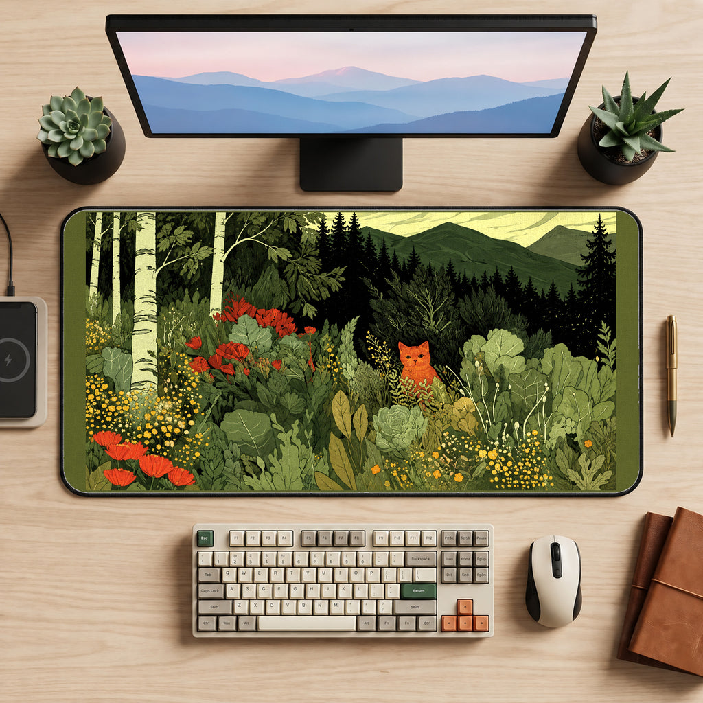 Hidden Orange Cat in Forest Leaves desk mat — product mockup 2