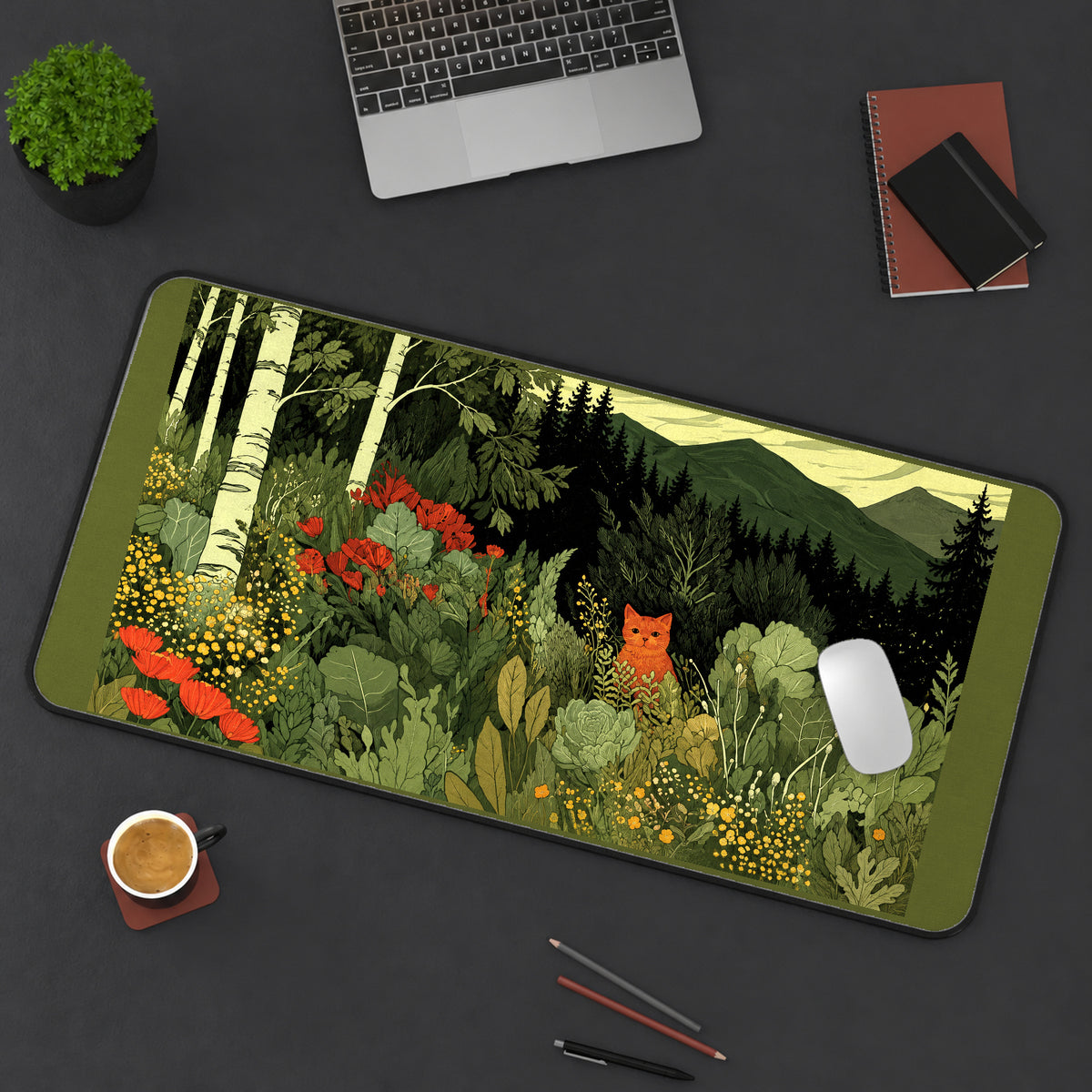 Hidden Orange Cat in Forest Leaves desk mat — product mockup 3