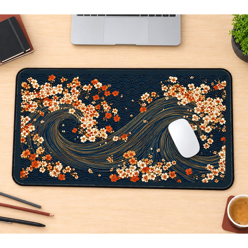 Sakura on Flowing Navy Waves desk mat — product mockup 1
