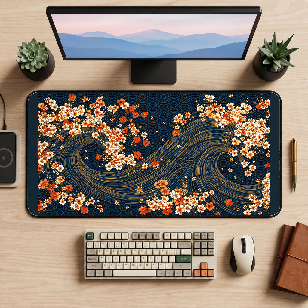 Sakura on Flowing Navy Waves desk mat — product mockup 2