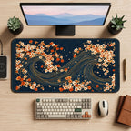 Sakura on Flowing Navy Waves desk mat — product mockup 2