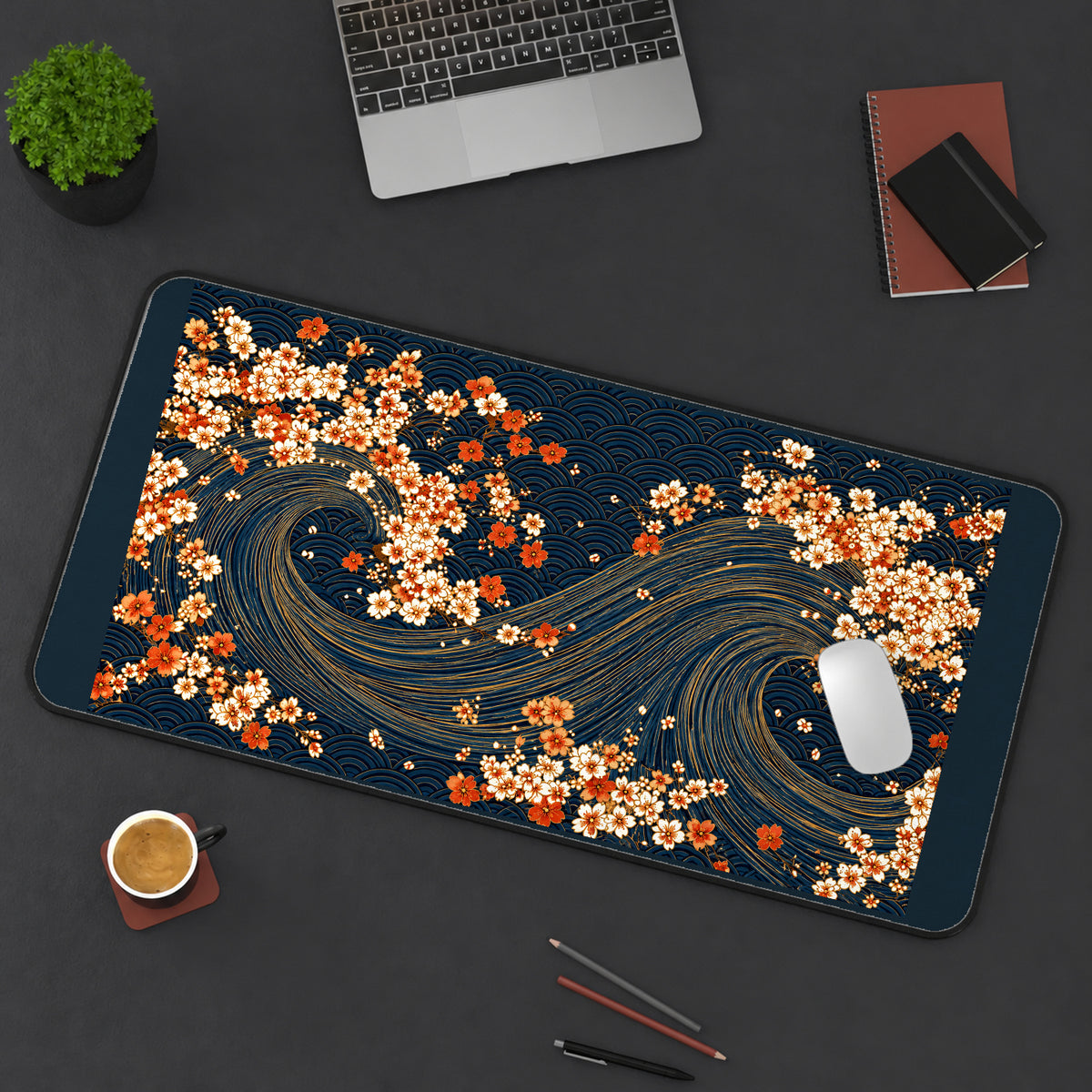 Sakura on Flowing Navy Waves desk mat — product mockup 3