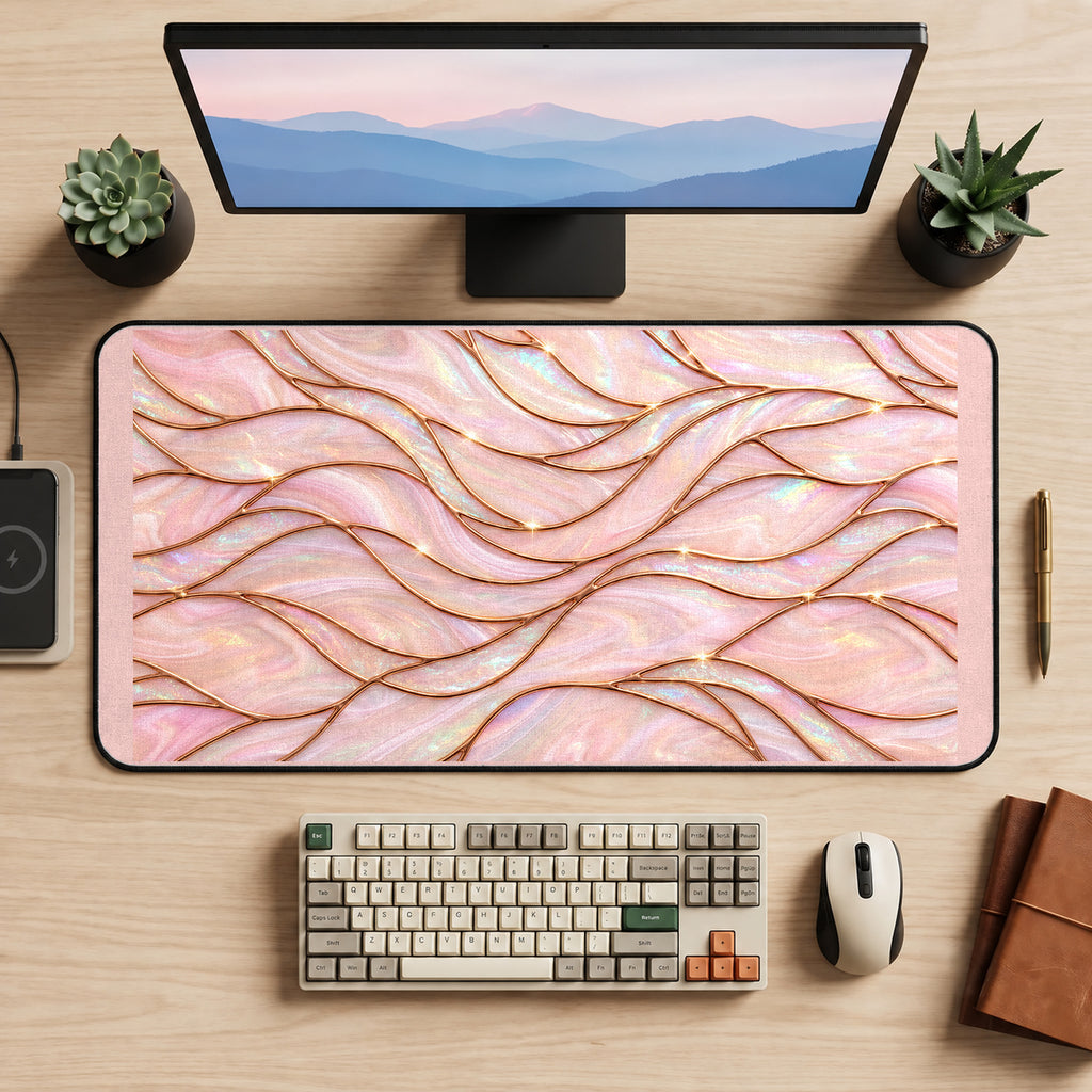 Rose Pink Iridescent Waves desk mat — product mockup 2
