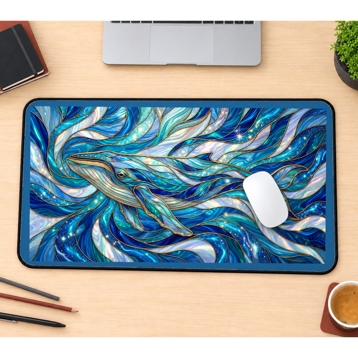 Ethereal Blue Whale Glass Art desk mat — product mockup 1