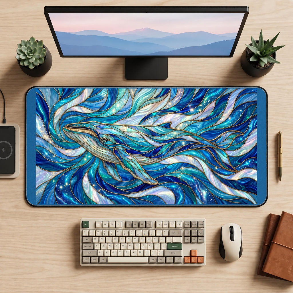 Ethereal Blue Whale Glass Art desk mat — product mockup 2