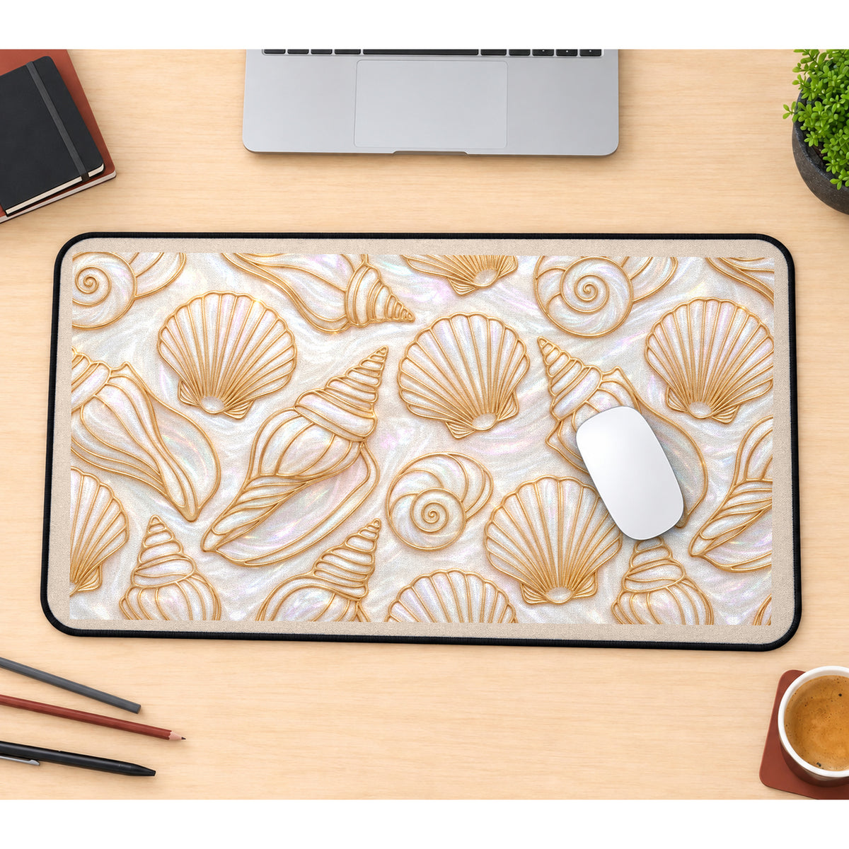 Ivory and Gold Tone Seashells desk mat — product mockup 1