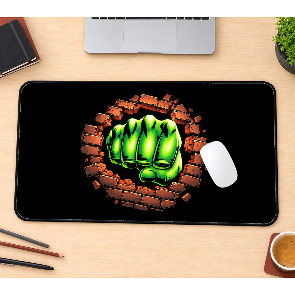 Green Fist Breaking Brick desk mat — product mockup 1