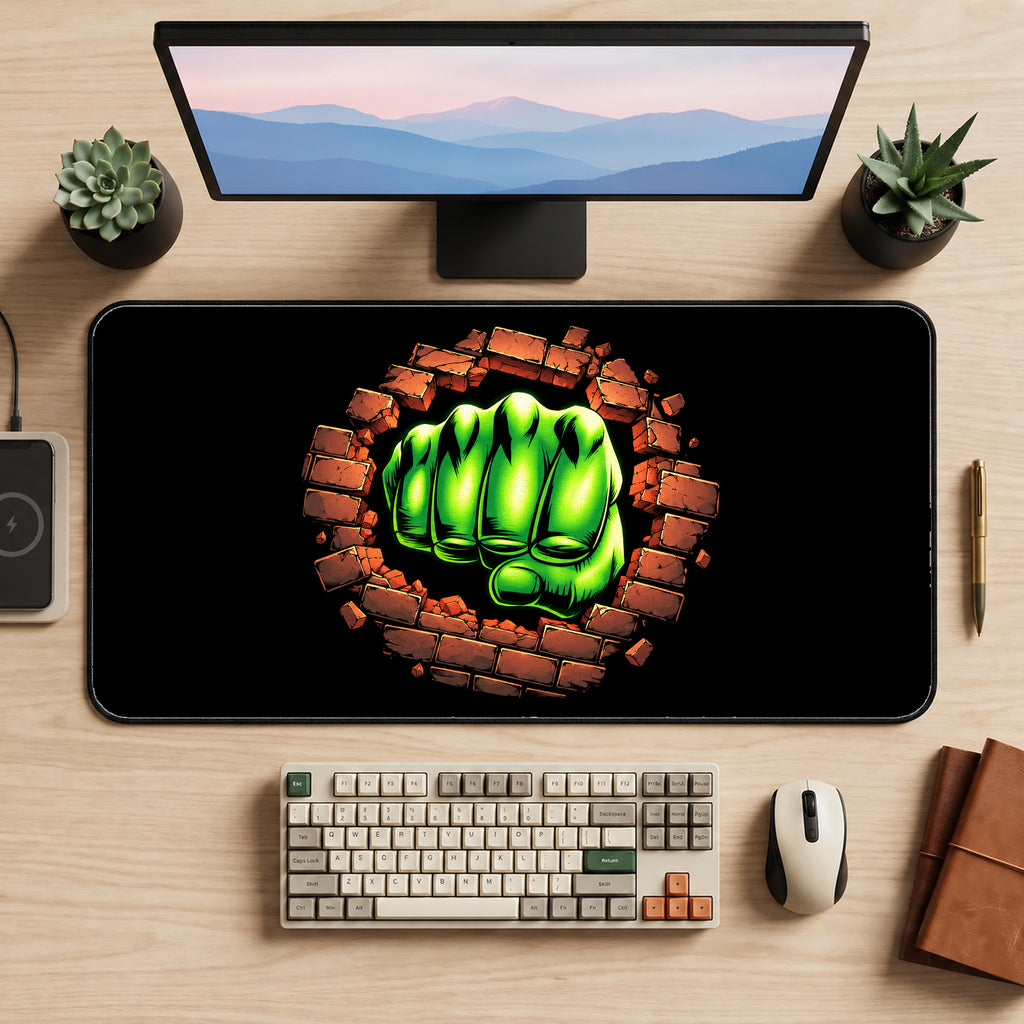 Green Fist Breaking Brick desk mat — product mockup 2