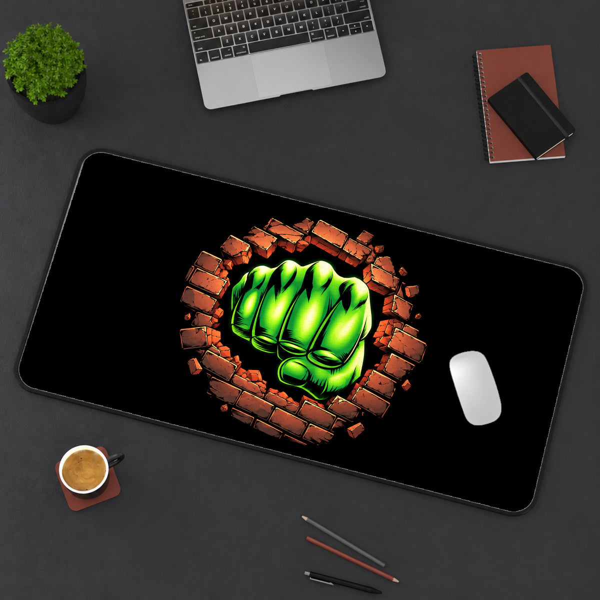 Green Fist Breaking Brick desk mat — product mockup 3
