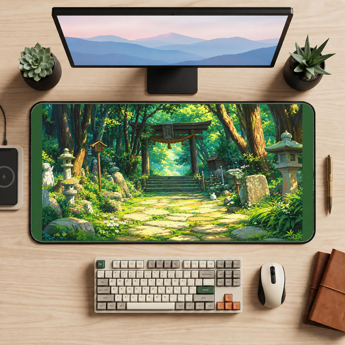 Sunlit Japanese Shrine Path desk mat — product mockup 2
