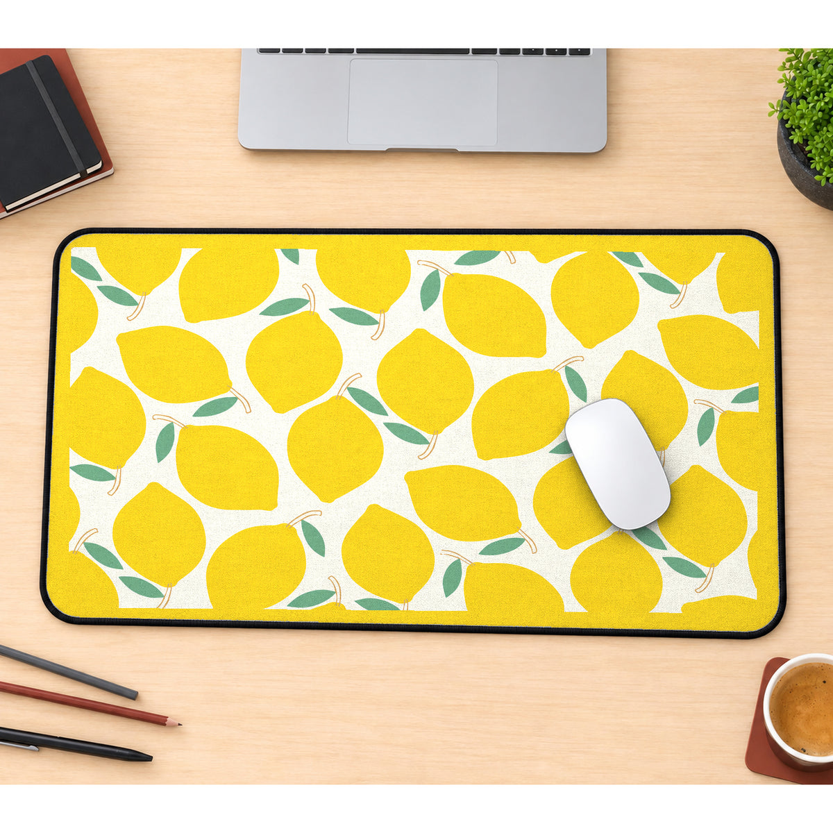 Yellow Lemon and Leaf Pattern desk mat — product mockup 1