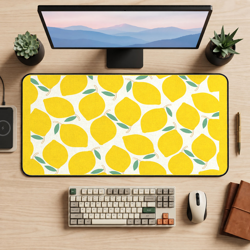 Yellow Lemon and Leaf Pattern desk mat — product mockup 2