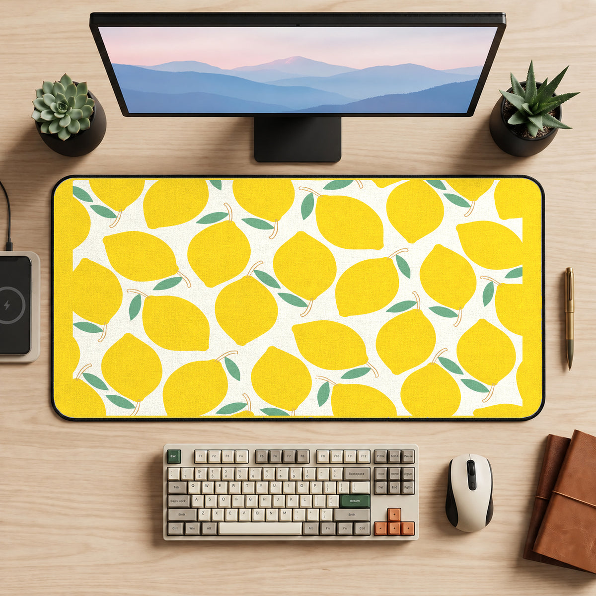 Yellow Lemon and Leaf Pattern desk mat — product mockup 2