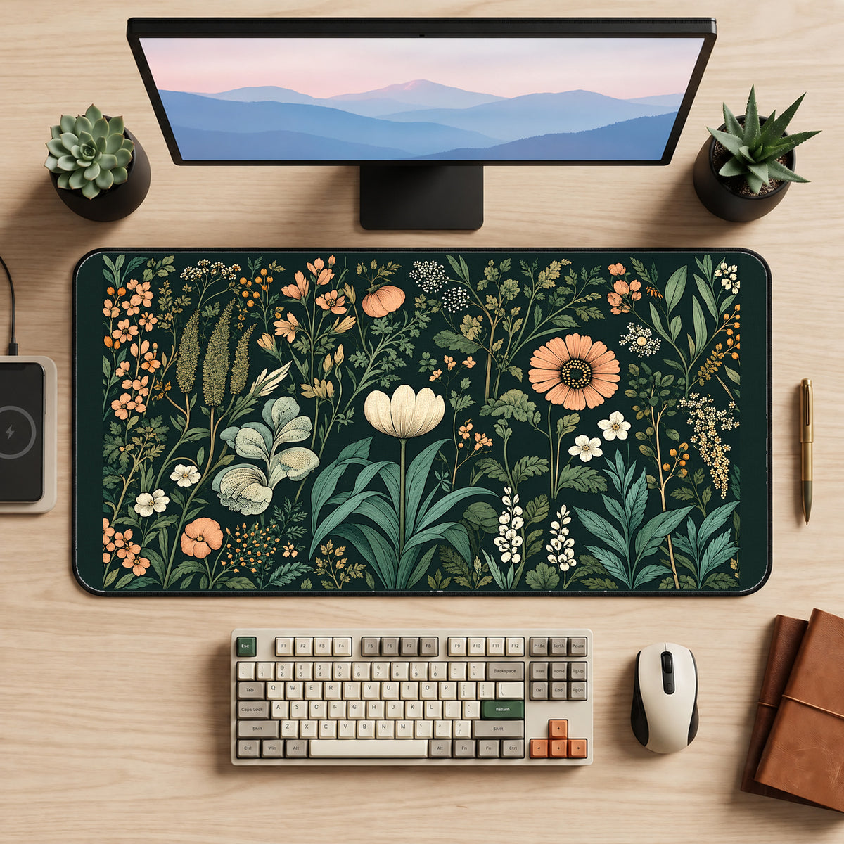 Green Cottage Garden Flowers desk mat — product mockup 2