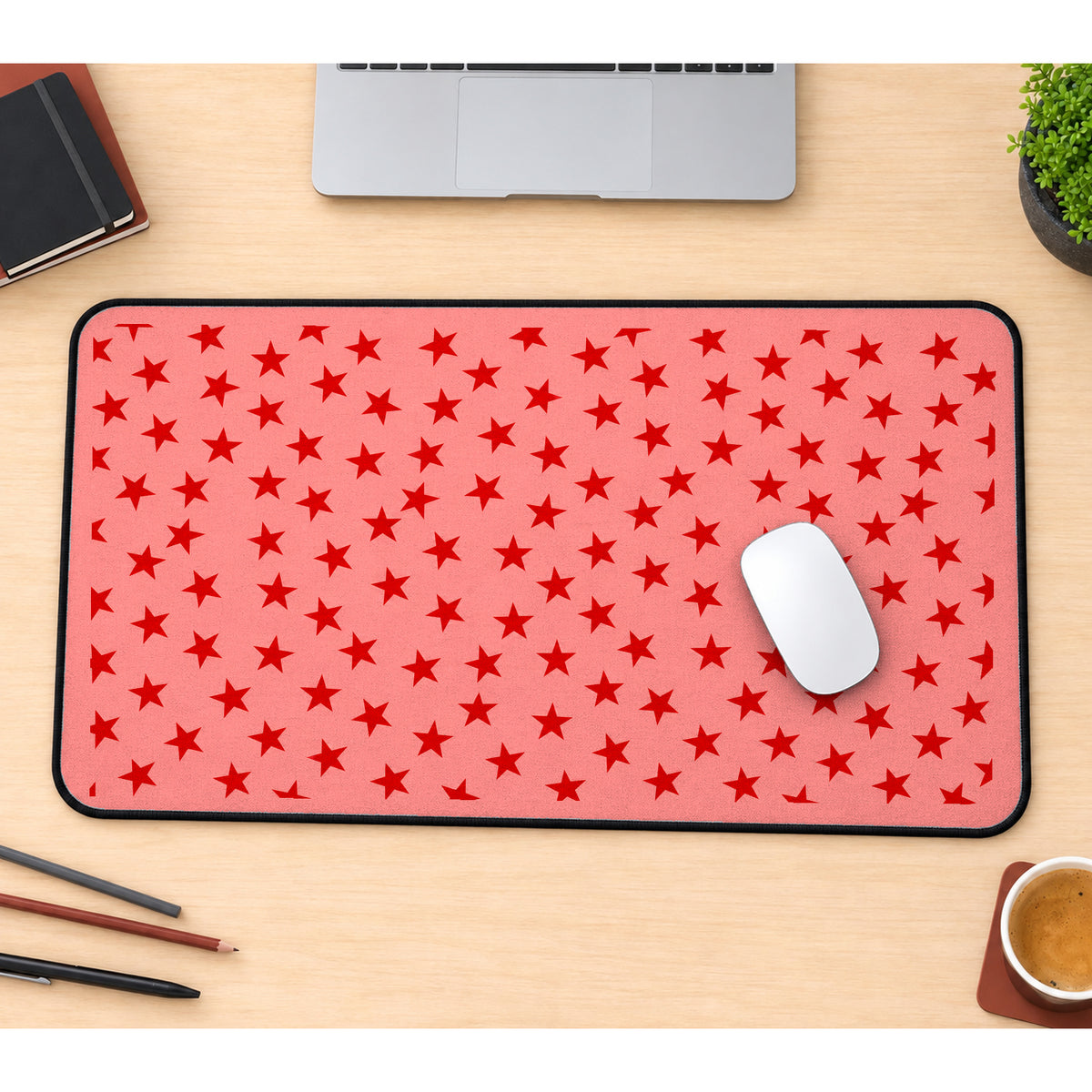 Red Stars on Pink desk mat — product mockup 1