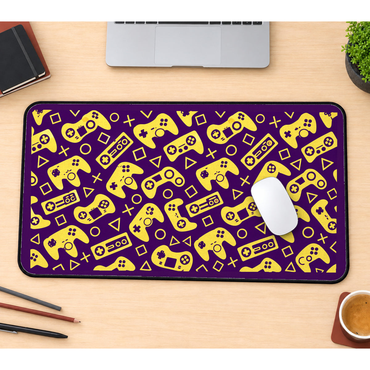 Purple and Yellow Game Controllers desk mat — product mockup 1
