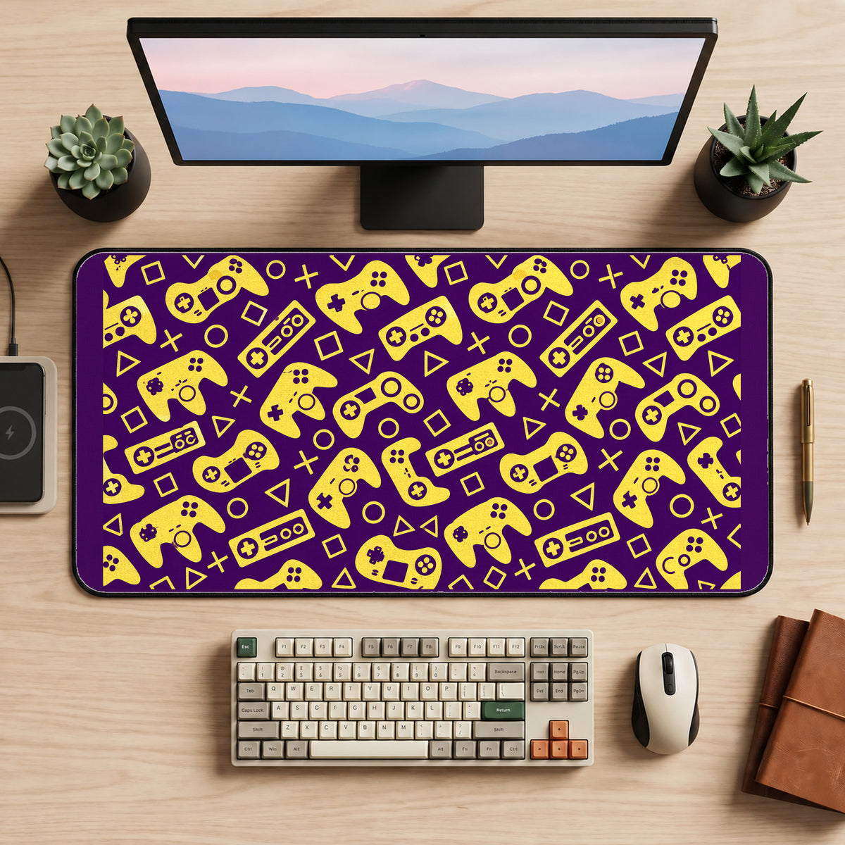 Purple and Yellow Game Controllers desk mat — product mockup 2