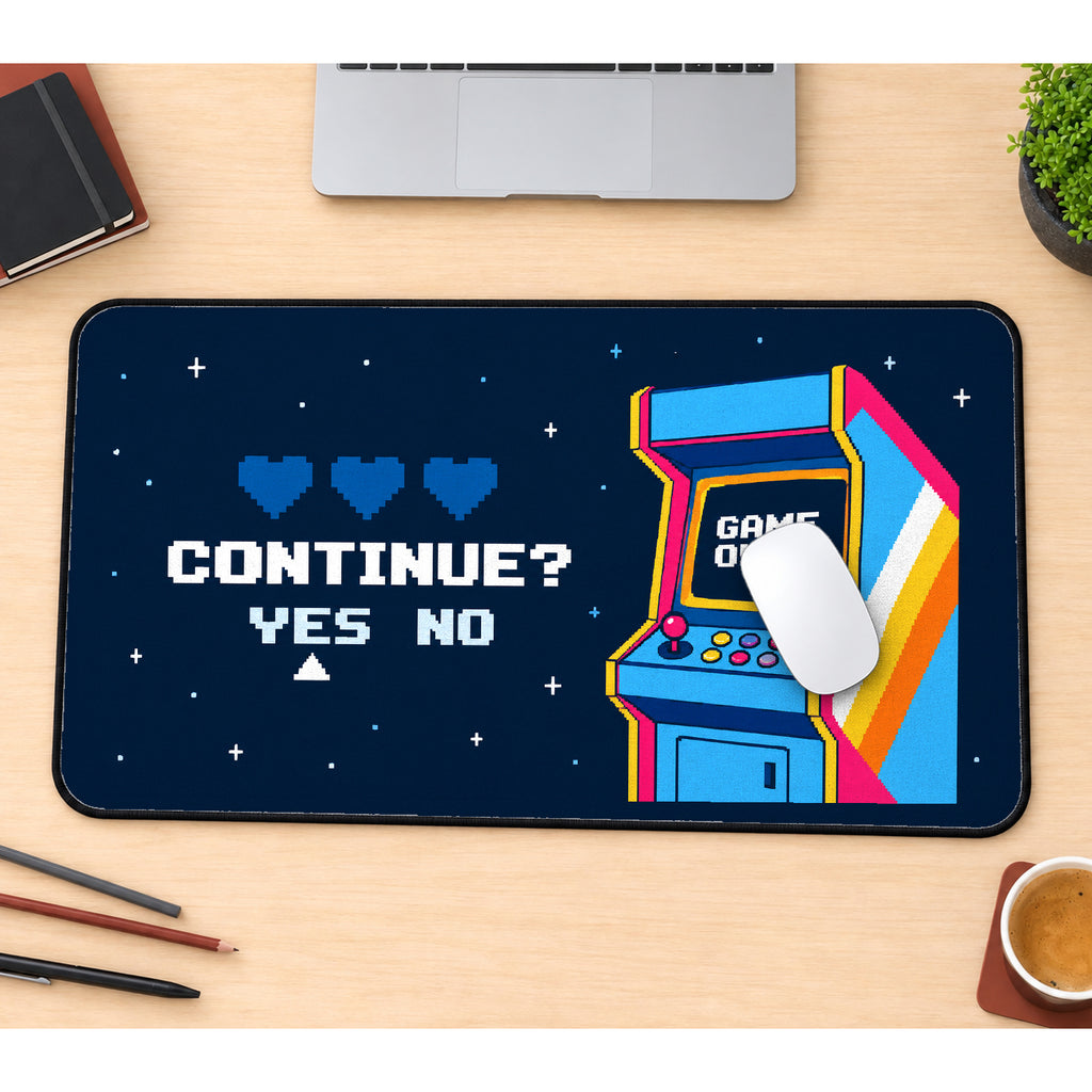Pixel Arcade Continue Screen desk mat — product mockup 1