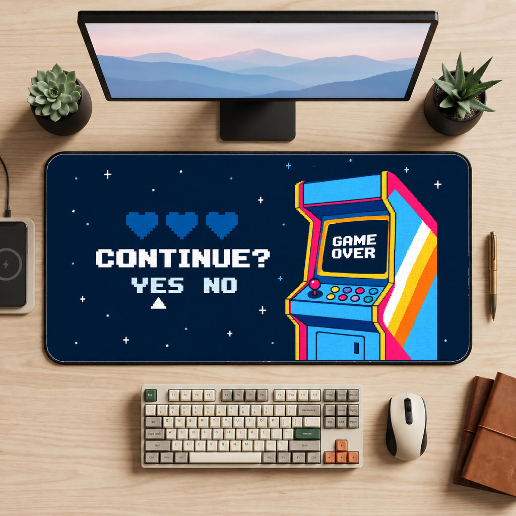 Pixel Arcade Continue Screen desk mat — product mockup 2
