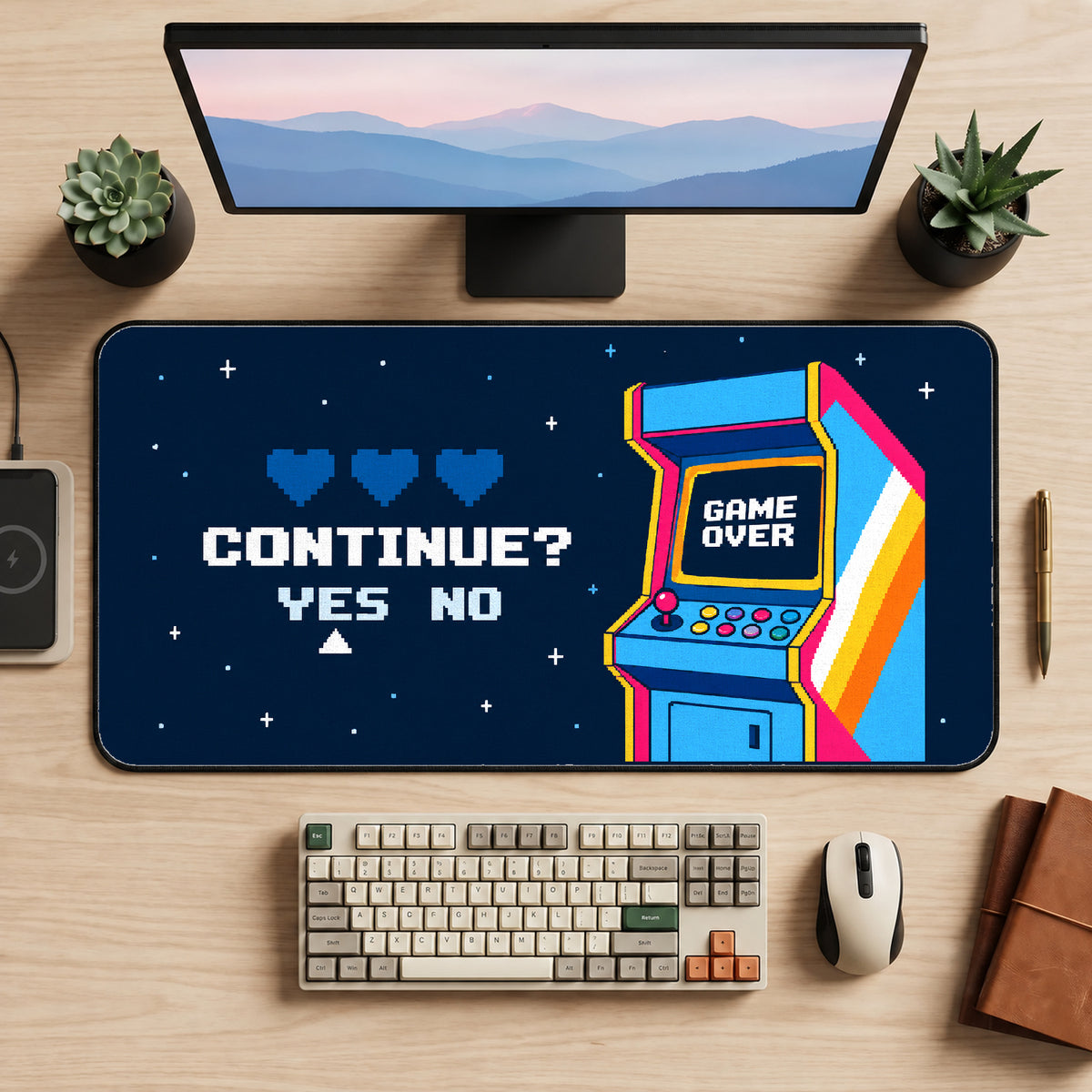 Pixel Arcade Continue Screen desk mat — product mockup 2