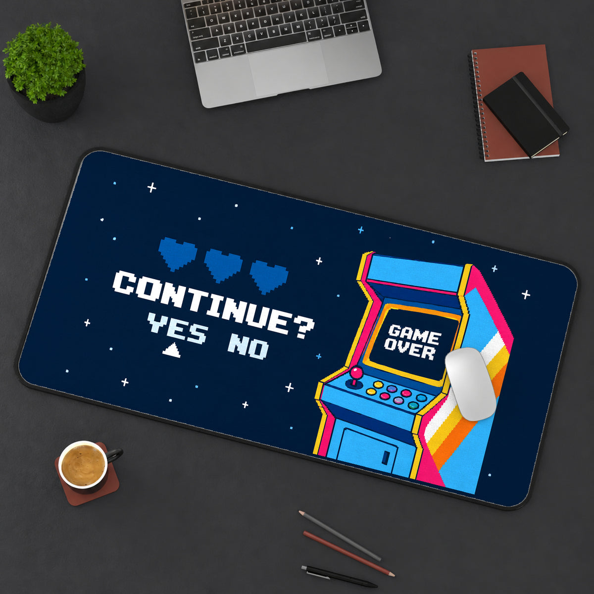 Pixel Arcade Continue Screen desk mat — product mockup 3