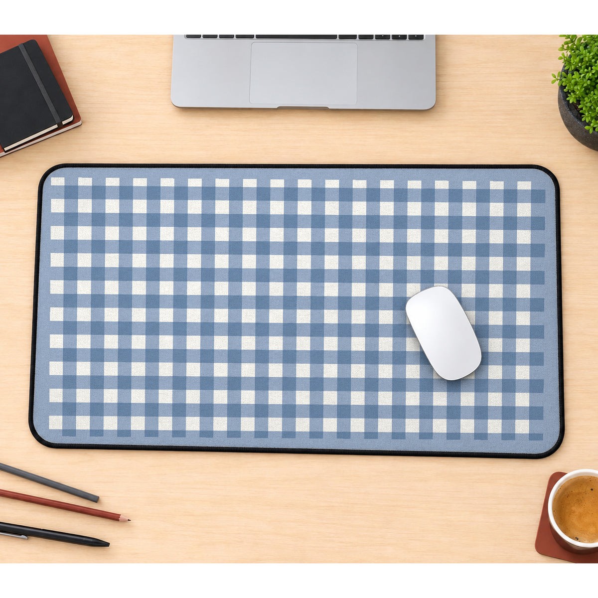 Blue and White Gingham desk mat — product mockup 1