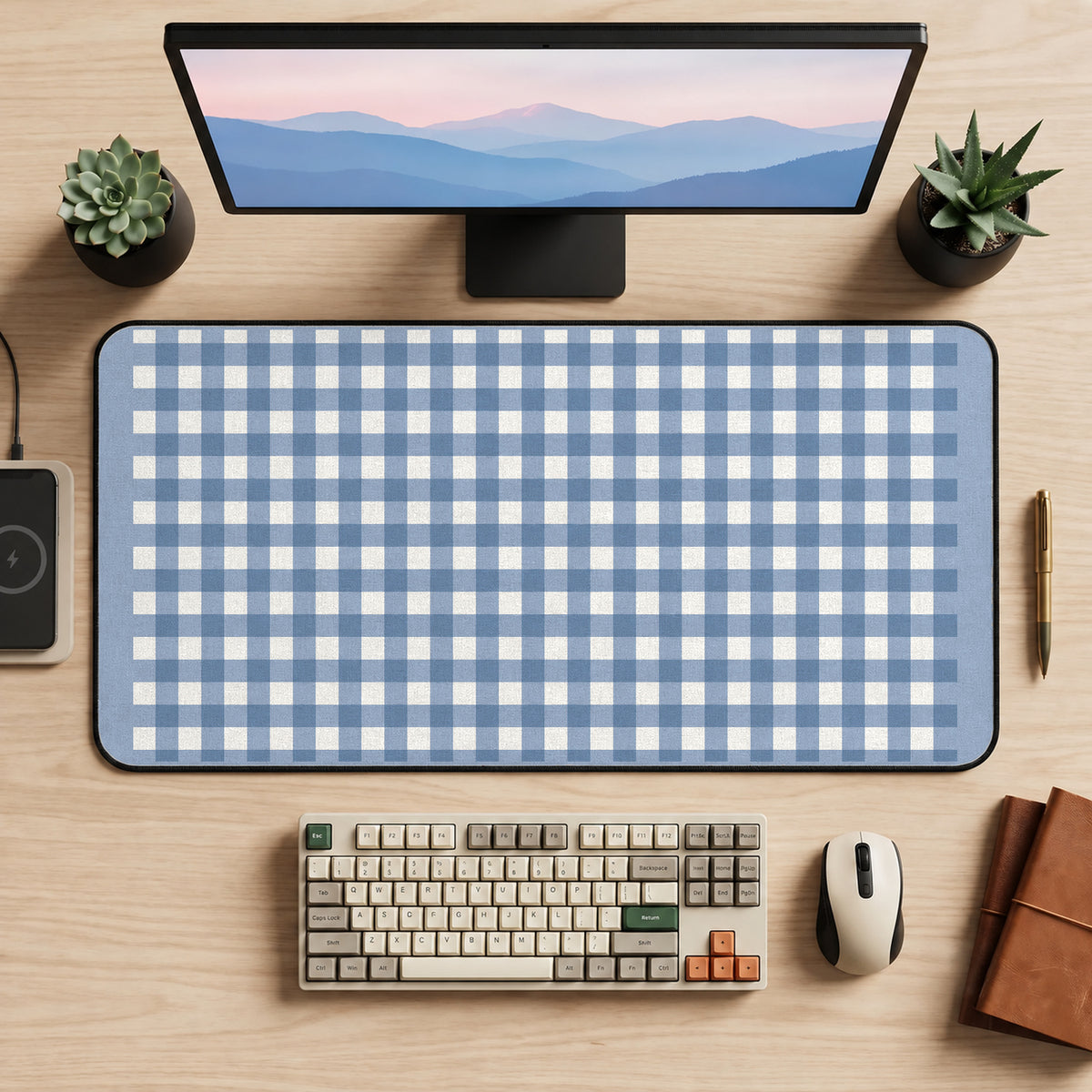 Blue and White Gingham desk mat — product mockup 2