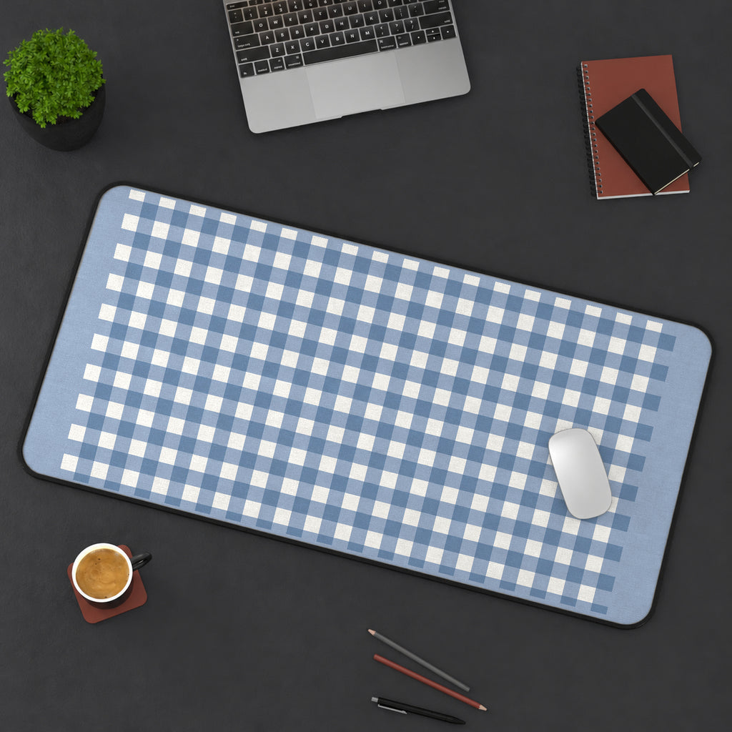 Blue and White Gingham desk mat — product mockup 3