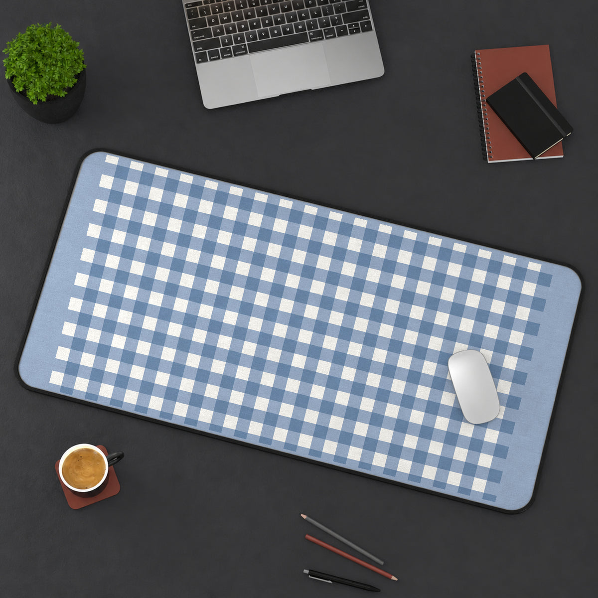 Blue and White Gingham desk mat — product mockup 3
