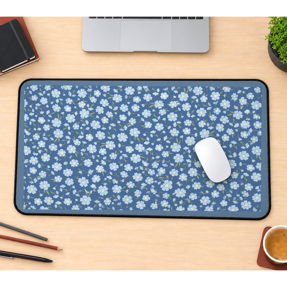 Blue Forget Me Not Flowers desk mat — product mockup 1