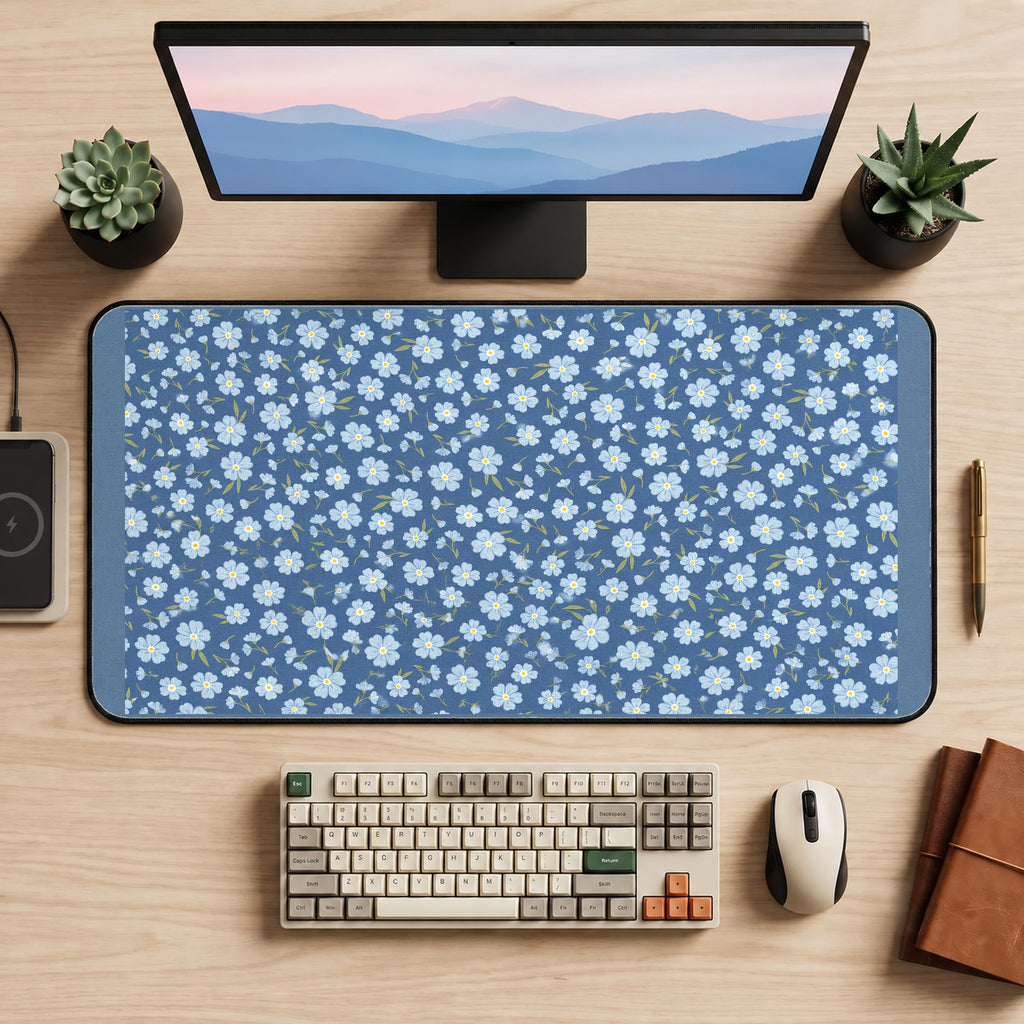 Blue Forget Me Not Flowers desk mat — product mockup 2
