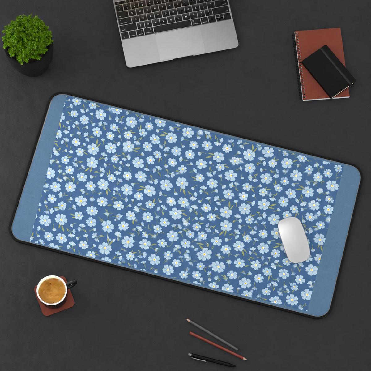 Blue Forget Me Not Flowers desk mat — product mockup 3