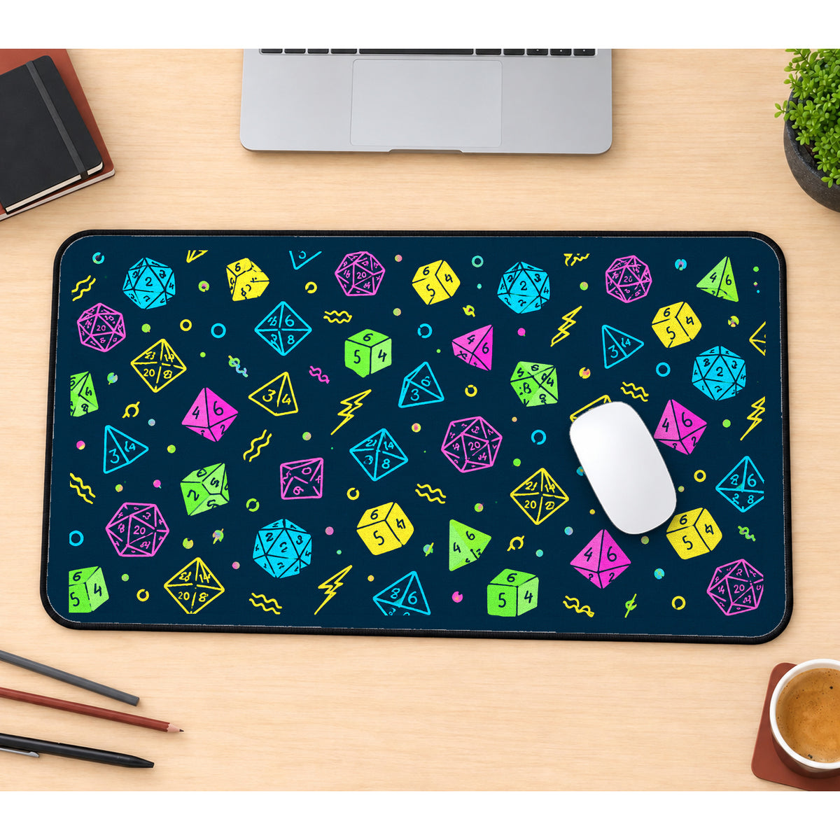 Neon Roleplaying Dice Pattern desk mat — product mockup 1