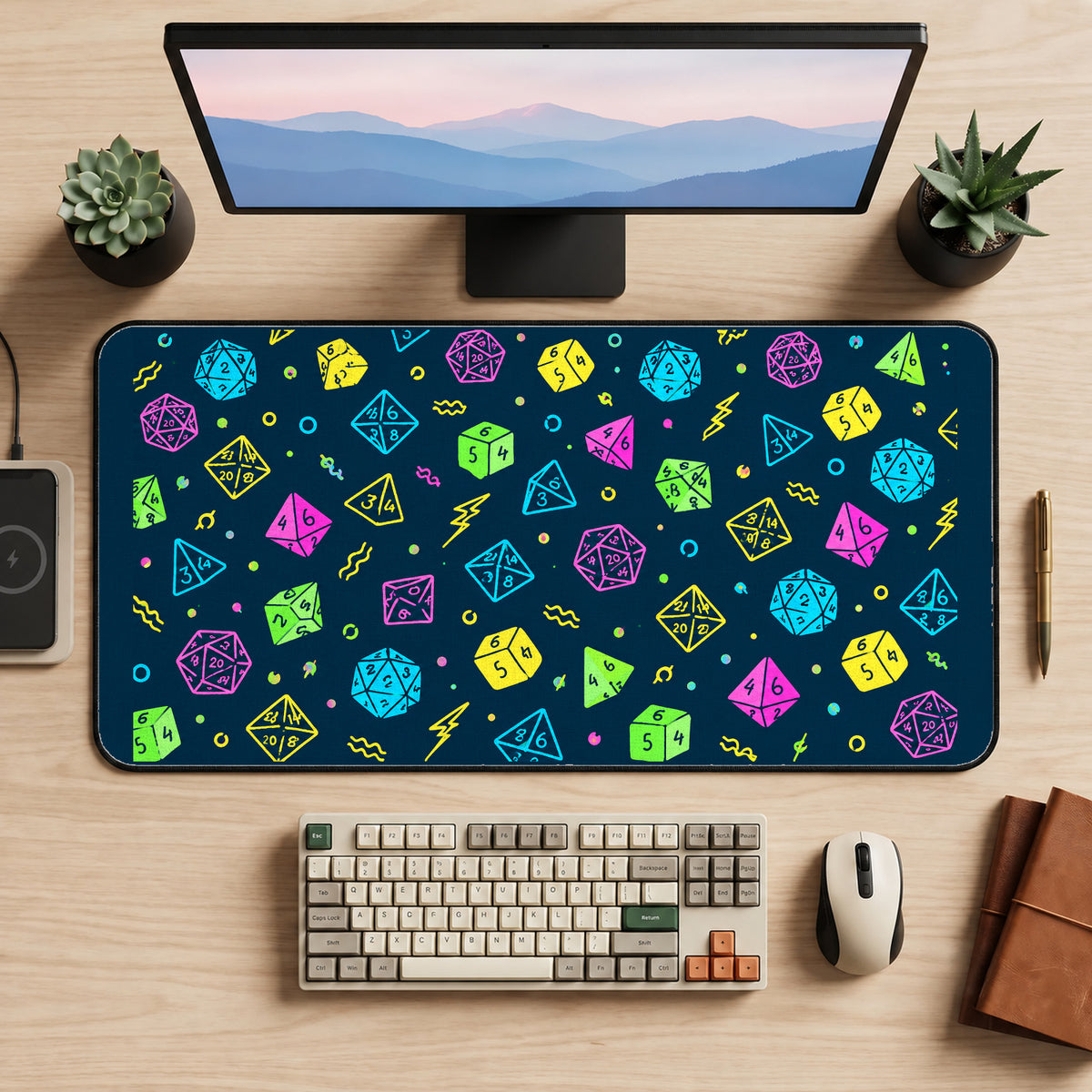 Neon Roleplaying Dice Pattern desk mat — product mockup 2
