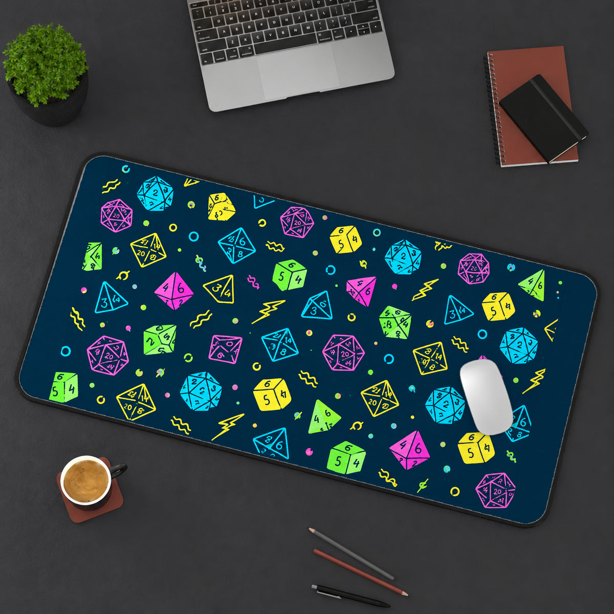 Neon Roleplaying Dice Pattern desk mat — product mockup 3