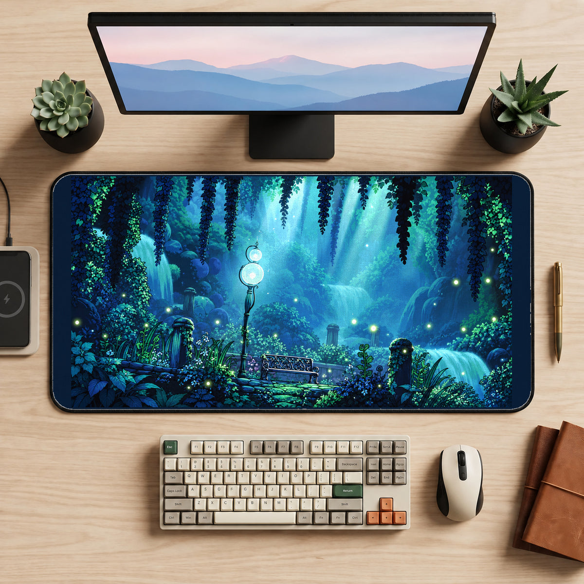 Glowing Forest Ruins desk mat — product mockup 2
