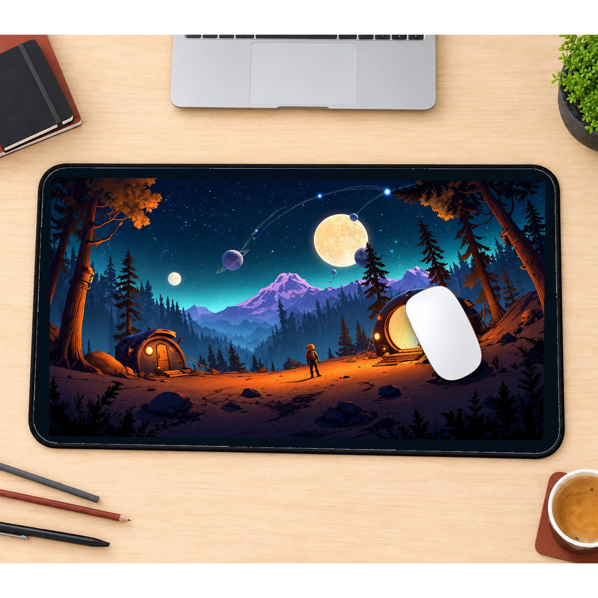 Starry Space Camp in the Pines desk mat — product mockup 1