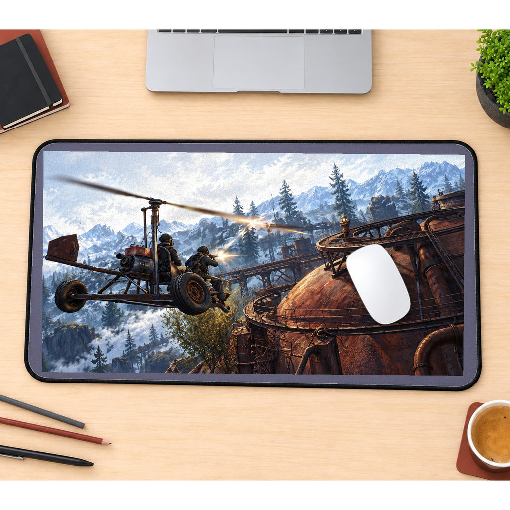 Scrap Aircraft over Snowy Mountains desk mat — product mockup 1
