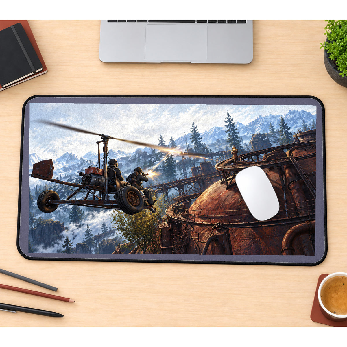 Scrap Aircraft over Snowy Mountains desk mat — product mockup 1