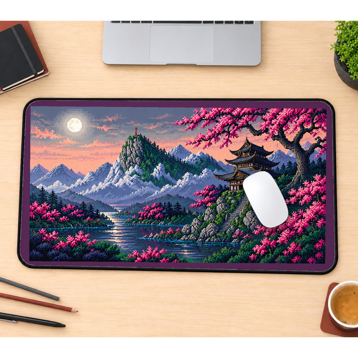 Pixel Pagoda and Blossom Lake desk mat — product mockup 1