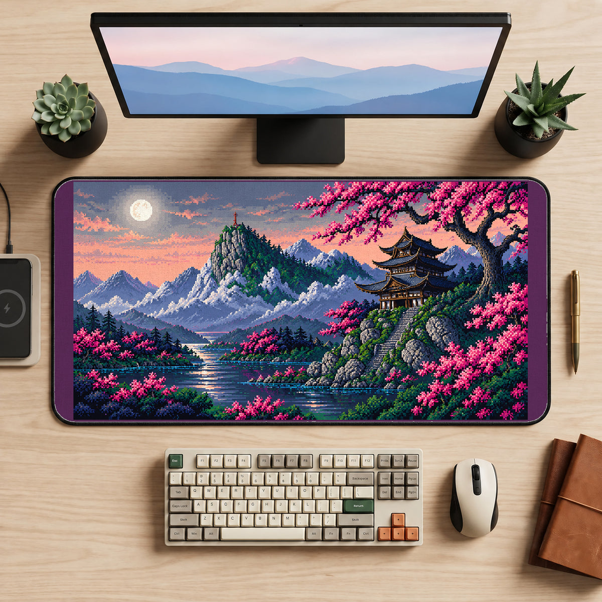 Pixel Pagoda and Blossom Lake desk mat — product mockup 2