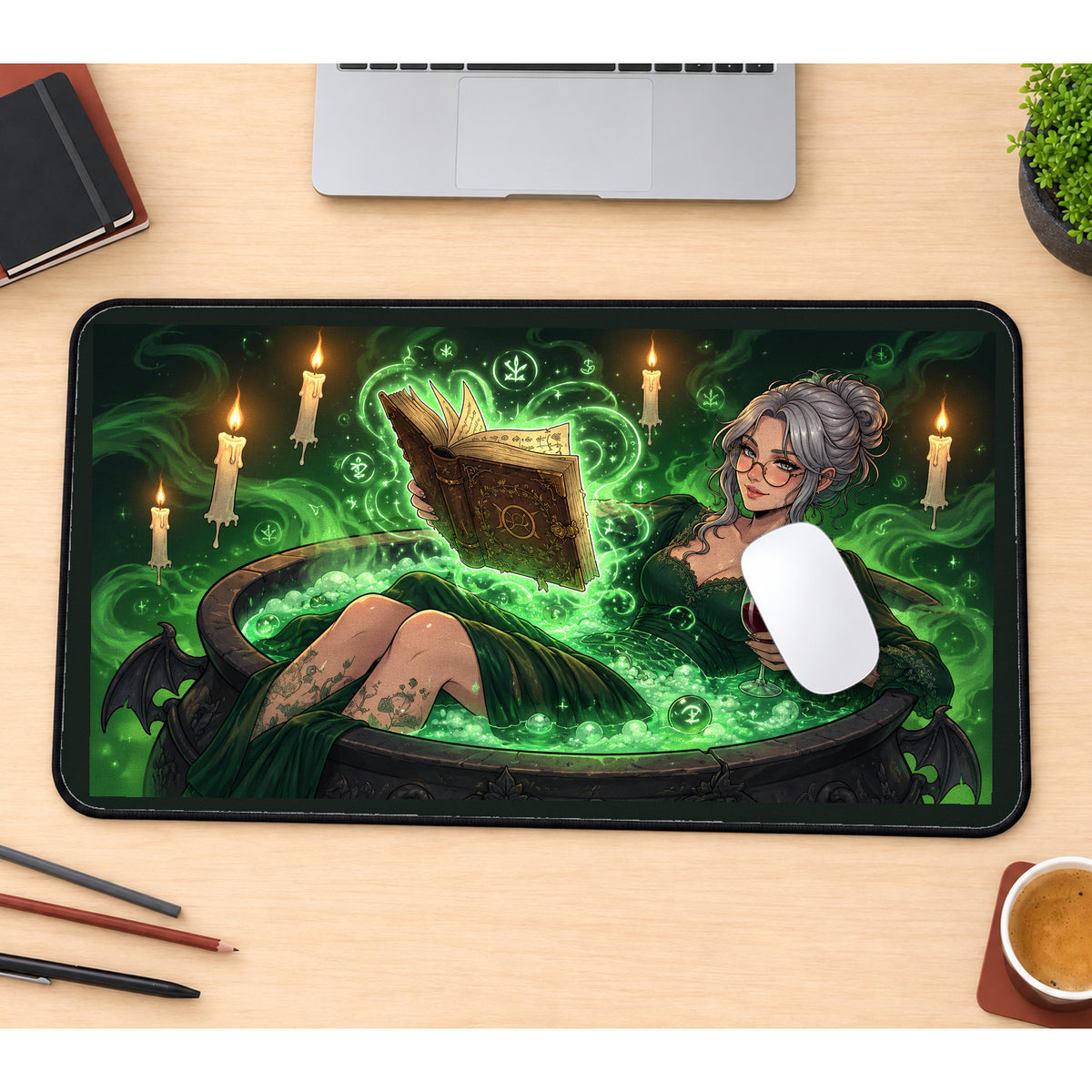 Witch in a Glowing Cauldron desk mat — product mockup 1