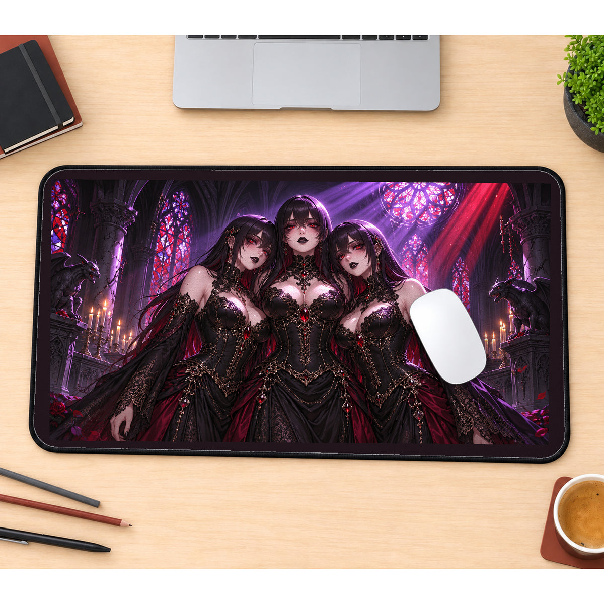 Vampire Trio in a Gothic Cathedral desk mat — product mockup 1