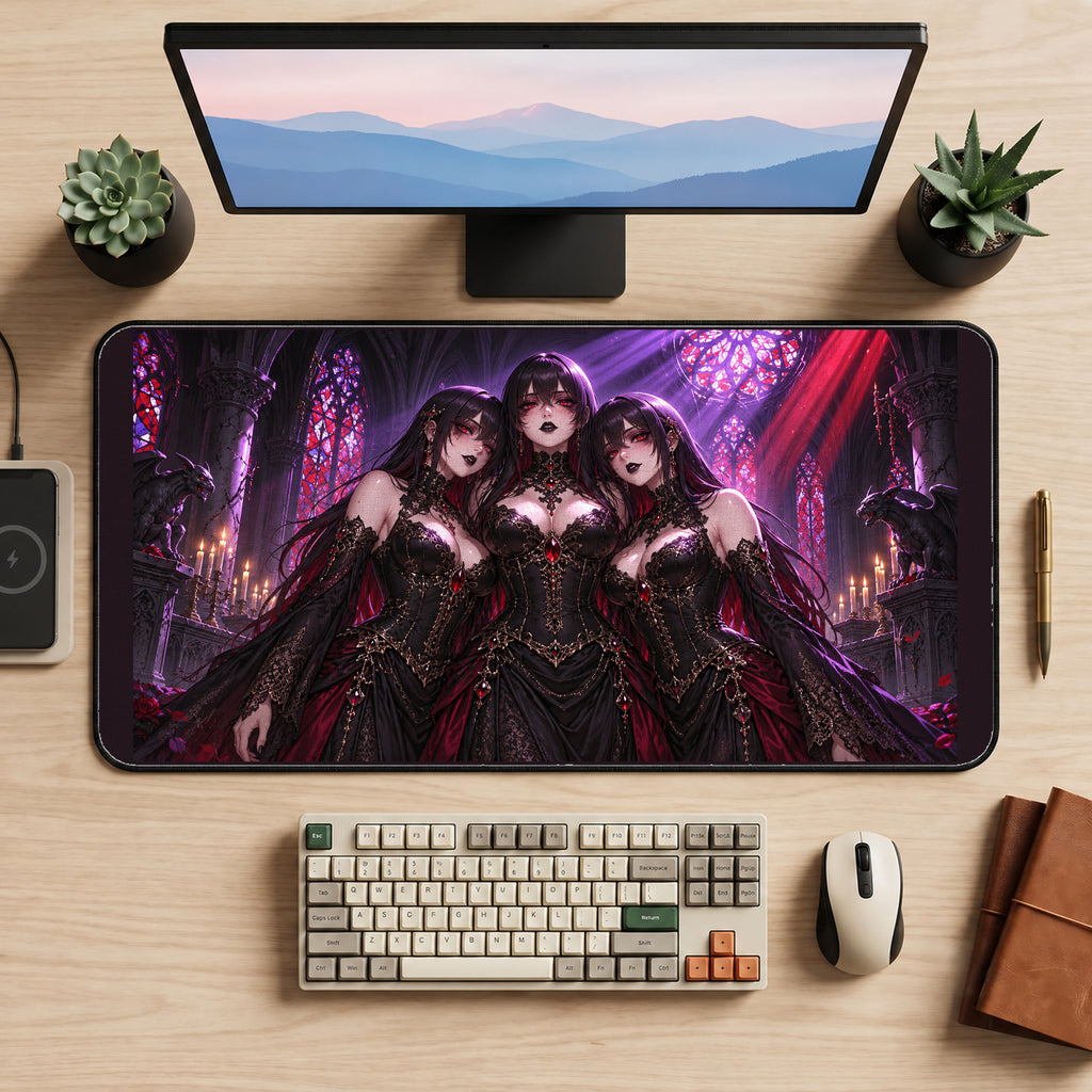 Vampire Trio in a Gothic Cathedral desk mat — product mockup 2