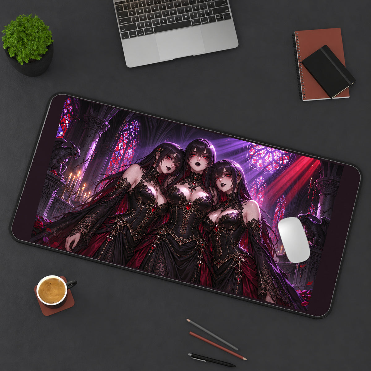 Vampire Trio in a Gothic Cathedral desk mat — product mockup 3