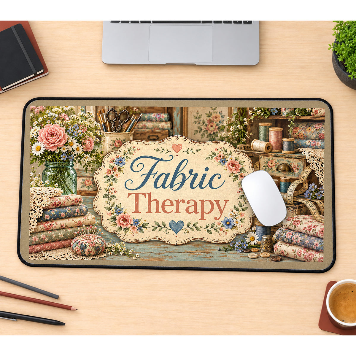 Fabric Therapy Sewing Still Life desk mat — product mockup 1