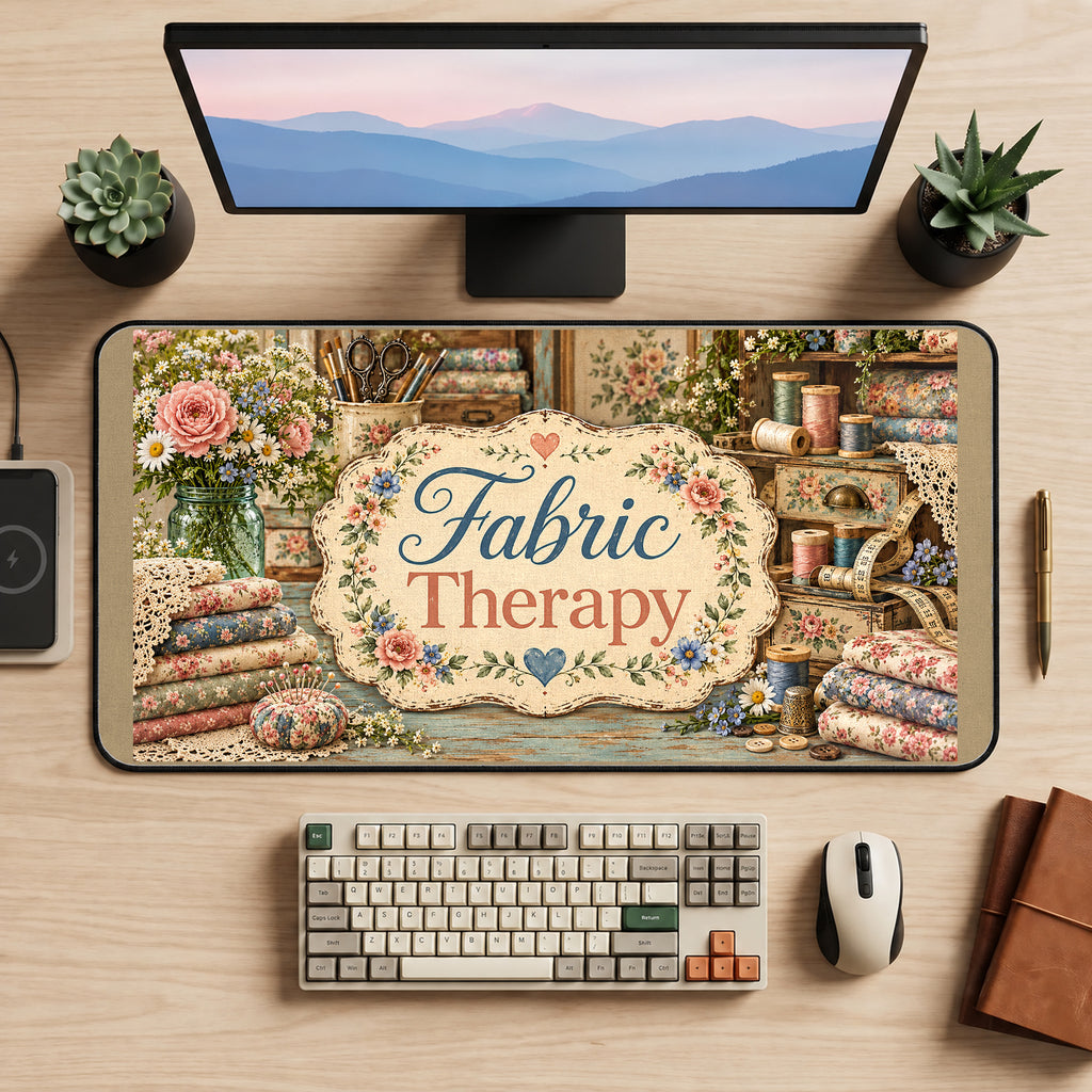 Fabric Therapy Sewing Still Life desk mat — product mockup 2