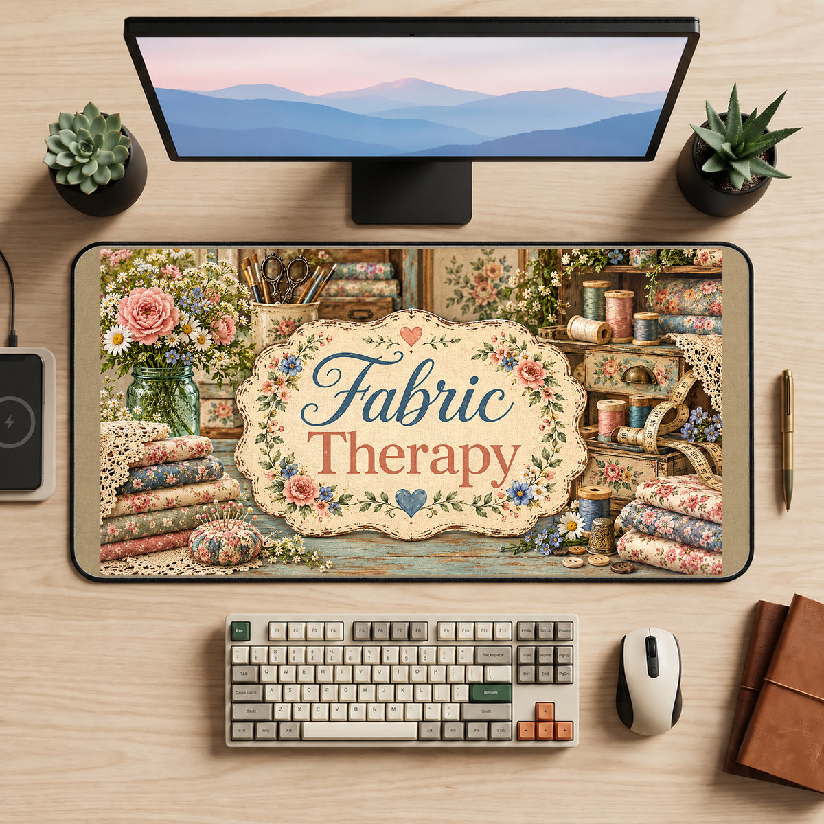 Fabric Therapy Sewing Still Life desk mat — product mockup 2