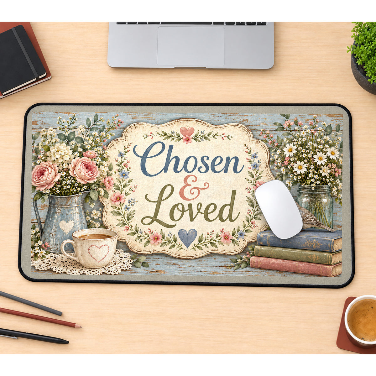 Chosen and Loved Floral Still Life desk mat — product mockup 1