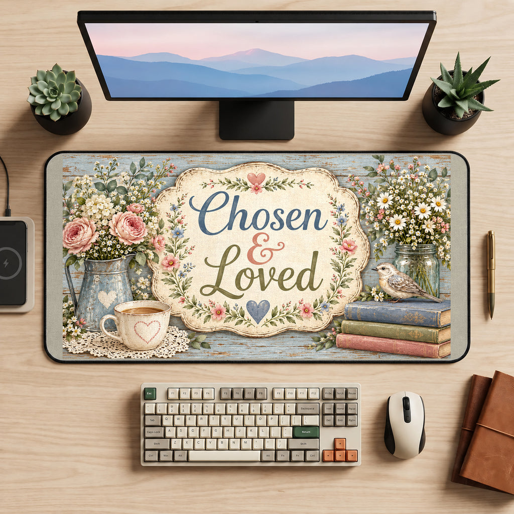 Chosen and Loved Floral Still Life desk mat — product mockup 2
